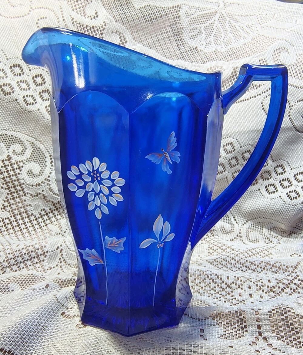 Fenton 8" Cobalt Blue Floral and Butterfly Hand Painted & Signed Octagon Pitcher